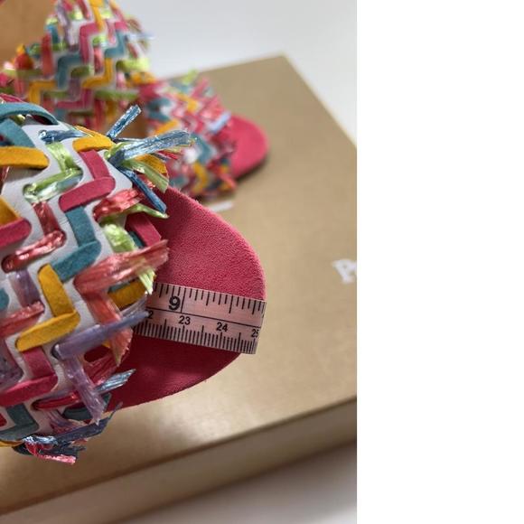 Meroine Pink Rainbow Woven 85mm raffia fringe heels mules D974 - Picture 10 of 11